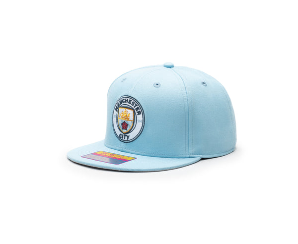 Manchester City Dawn Snapback hat with high crown, flat peak brim, and adjustable snapback closure.
