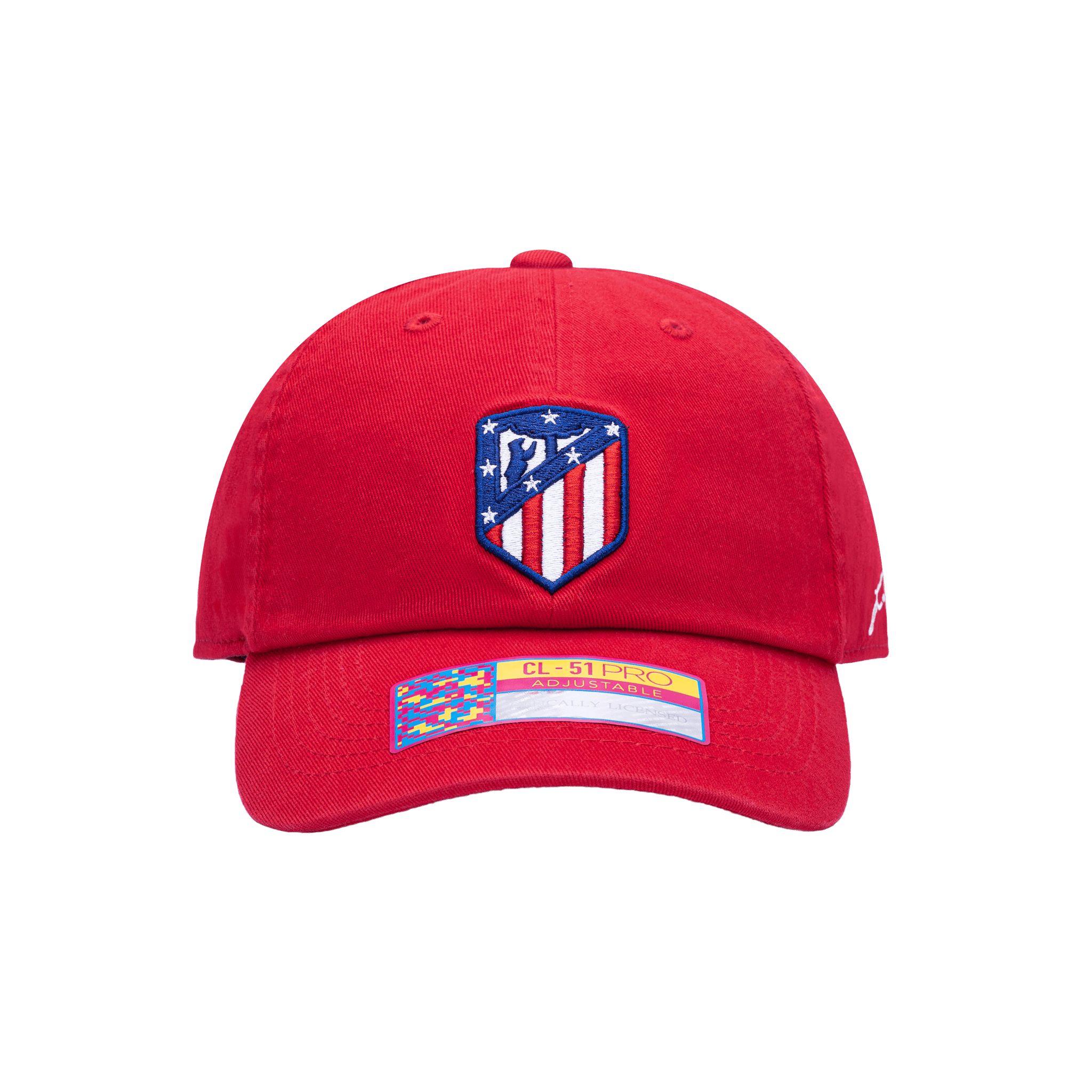 Front view of Atletico Madrid Bambo Classic with low unstructured crown, curved peak brim, and buckle closure, in red.