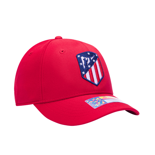 Side view of the Atletico Madrid Standard Adjustable hat with mid constructured crown, curved peak brim, and slider buckle closure, in Red.