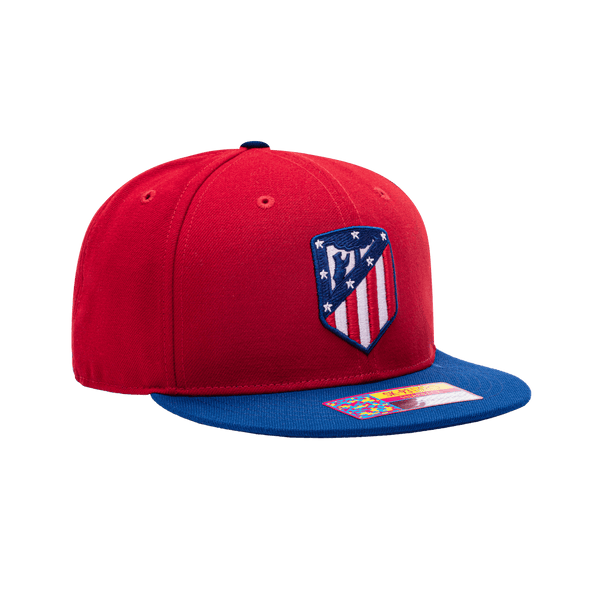 View of Right side of Atletico Madrid Team Snapback Hat with blue button on top