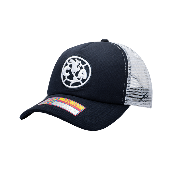 Side view of the Club America Fog Trucker Hat in Navy/White, with high crown, curved peak, mesh back and snapback closure.