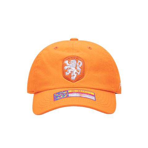 Front view of the Netherlands Bambo Classic hat with low unstructured crown, curved peak brim, and buckle closure, in orange.