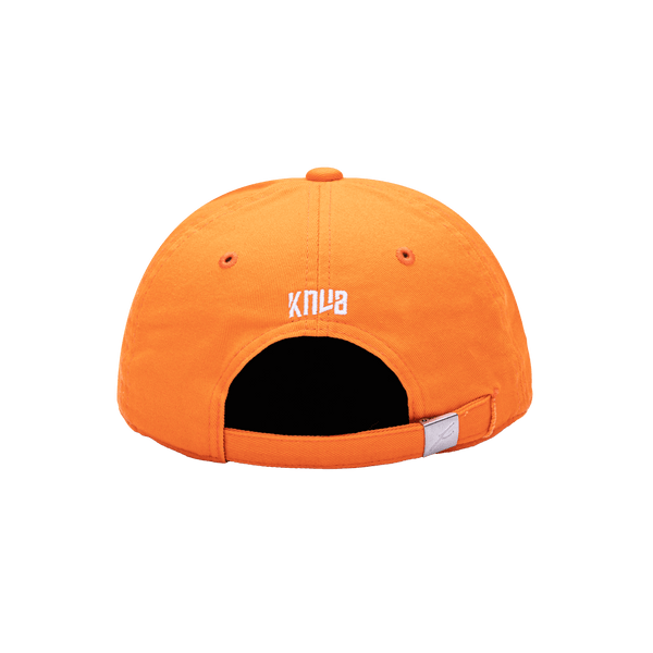 Back view of the Netherlands Bambo Classic hat with low unstructured crown, curved peak brim, and buckle closure, in orange.