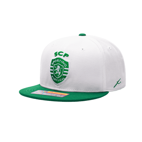 View of left side of Sporting Clube de Portugal Team Snapback Hat with Fi branded Stitching on the side